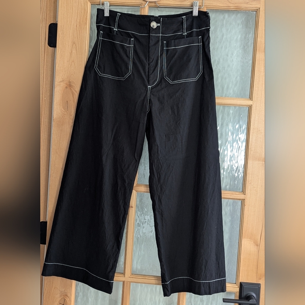 Maeve Black Ankle-Length Wide-Leg Pants with Contrast Stitching